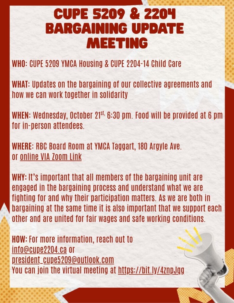 YMCA 2204 & 5209 Bargaining Update @ YMCA Taggart RBC Boardroom